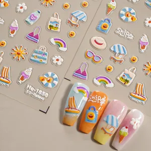 5D embossed summer beach nail stickers set, cute cartoon adhesive nail art decors for women.