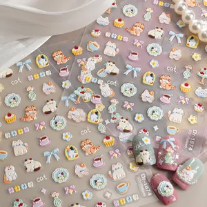 5D Embossed Cute Cartoon Cat Nail Art Stickers Relief DIY Manicure Decals Adhesive Nail Decoration Accessories