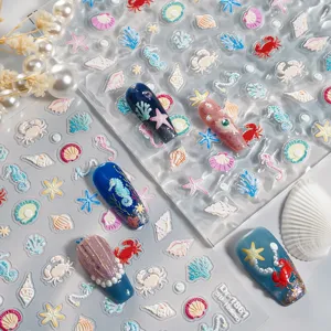 5D Relief Embossed Ocean Theme Nail Art Stickers Jellyfish Starfish Shell Cute Manicure Decals Adhesive Nail Accessories