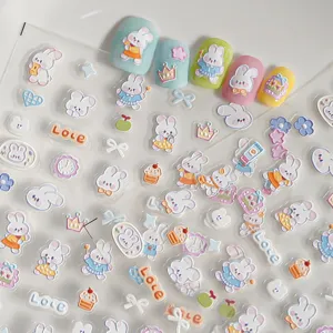 5D geprägte süße Kaninchen Nagelaufkleber, niedliche Schleife DIY Maniküre Kunst Abziehbilder.