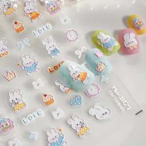 Cute 5D embossed cartoon rabbit nail art stickers sweet pink bow nail decals for girls design