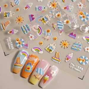 5D embossed summer beach nail stickers cute cartoon cute vacation nail art decals for women