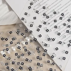 5D embossed black and white flower nail art stickers transparent design diy manicure decals