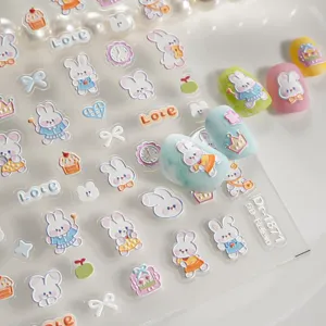 5D gepraegte niedliche Hasen Nagelaufkleber mit Schleifen und Buchstaben fuer DIY-Design.