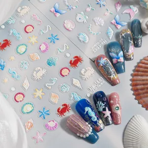 5D embossed ocean nail stickers featuring cute shells, starfish and seahorses for fine art.
