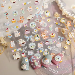 5D embossed cute cat nail art stickers, charming cartoon kitty decal for manicure designs.