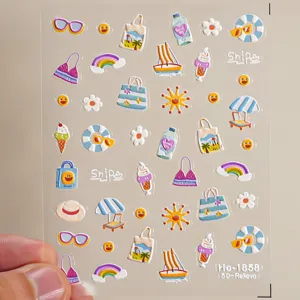 5D embossed summer beach nail stickers cute cartoon gel decals for daily manicure art decor