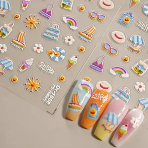 5D geprägte Sommer Strand Nagelsticker süße Cartoon Nail Art Aufkleber für Maniküre