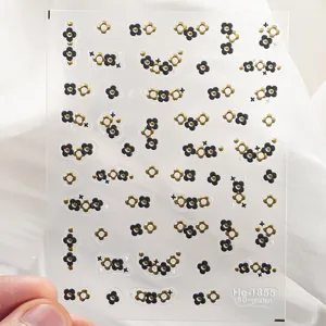 5D embossed black gold flower nail stickers elegant clover nail art decals for women DIY manicure