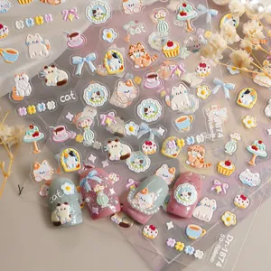 5D relief cute cat nail art stickers cartoon adhesive decals for DIY manicure design