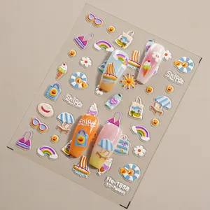 5D embossed summer beach nail stickers set, cute cartoon adhesive nail art decals for women girls.