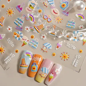 5D geprägte Sommer Strand Nagelaufkleber, süße Cartoon Muster für DIY Nageldesign.