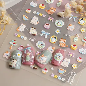 Cute 5D relief cat nail stickers cartoon floral bow adhesive nail art decors for women girls