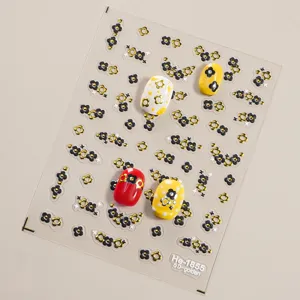 5D embossed gold black flower nail art stickers set, elegant floral manicure decals.