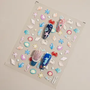 5D relief ocean theme nail stickers, cute marine life nail art decals for DIY manicure.
