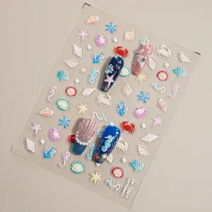 5D embossed ocean nail art stickers sheet featuring starfish, shells, and cute marine elements.