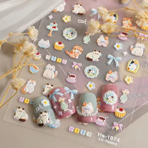 Cute 5D embossed cat nail art stickers cartoon adhesive manicure decals He1874 style