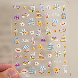 5D gepraegte Sommer Strand Nagelaufkleber, niedliche Urlaub Palme und Eiscreme Blaetter.