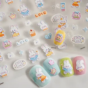 5d embossed cute cartoon rabbit nail stickers with bow and crown designs for manicure art