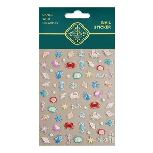 5D embossed ocean nail stickers featuring cute shells, starfish and crabs for DIY manicure.