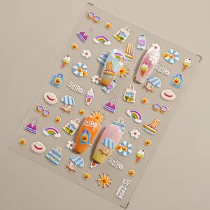 5D geprägte Sommer Strand Nagelsticker süße Cartoon Urlaubs Nagelkunst Aufkleber für DIY