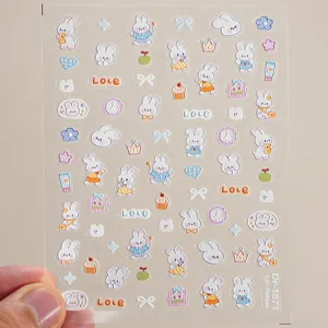 5D geprägte süße Kaninchen Schleife Nagelaufkleber, Cartoon Nagelkunst Abziehbilder, klar.
