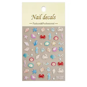 Detailed view of 5D embossed ocean nail stickers featuring cute shells and starfish designs.