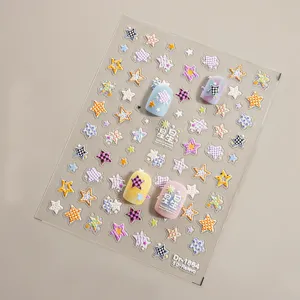 5D embossed nail art stickers cute colorful stars grid design manicure decoration decals