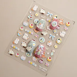 5D embossed cute cat nail art stickers detail view, showing lovely cartoon feline and floral designs.