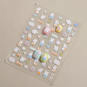5D Relief niedliche Cartoon Kaninchen Nagelaufkleber mit Schleifen für DIY Nagelkunst.