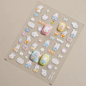 5D embossed cute rabbit nail stickers cartoon bow adhesive nail art decors sheet