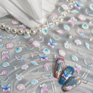 5D embossed ocean nail stickers with shells and jellyfish, perfect for 3D DIY nail art decoration.
