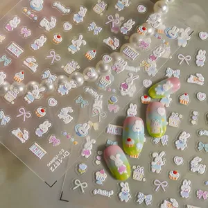 5D geprägte Nagelkunst Sticker süße Cartoon Kaninchen Schleife DIY Nageldesign Dr-1872