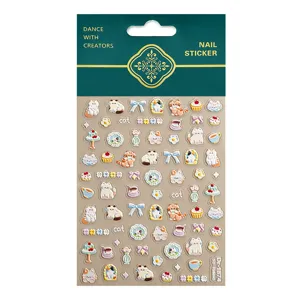 5D embossed cute cat nail art stickers featuring adorable feline designs and sweet bows.