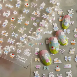 5D embossed cute rabbit nail art stickers, sweet bow and cake designs for DIY manicure decor.