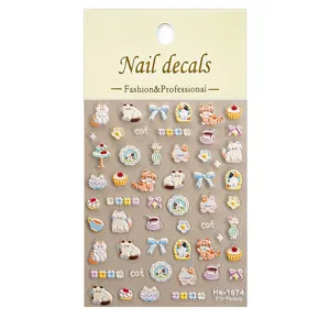 5D embossed cute cat nail stickers relief adhesive decals for manicure nail art design decoration