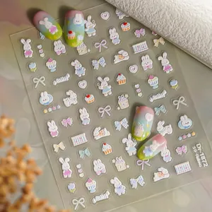 5D geprägte süße Cartoon Kaninchen Nagelsticker Schleife DIY Maniküre Kunst Blätter