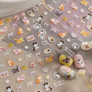 5D relief cute cat nail stickers, adorable kitten nail art decors for DIY manicure.