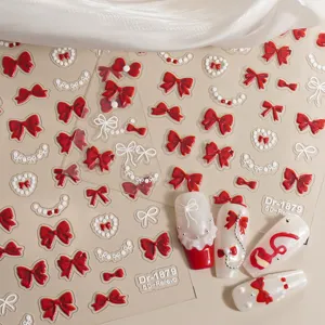 5D rode strik nagelstickers parel hart in relielf zelfklevende manicure decal detail