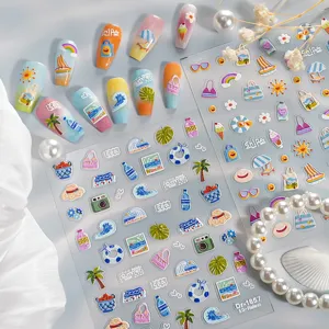 5D gepraegte sommer strand nagelaufkleber cartoon niedliche urlaub nail art sticker detail