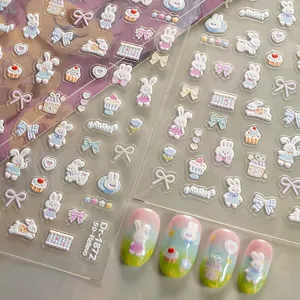 5D Relief süße Cartoon Nagelaufkleber mit entzückenden Hasen, Schleifen und Kuchen für Kunst.