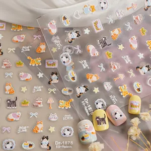 5D embossed cute cat nail stickers cute cartoon kitty nail art decals detail display