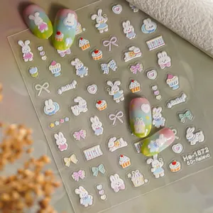5D embossed cute rabbit bow nail art stickers sweet cartoon nail decals for DIY manicures