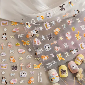 5D embossed cute cat nail art stickers, kawaii kitten adhesive decals, nail design charms.