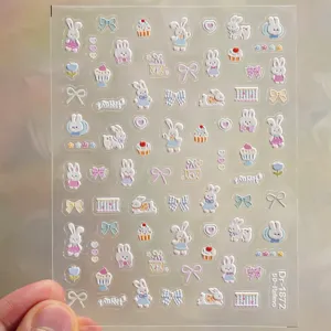 5D geprägte Nagelkunst Sticker süßes Kaninchen Schleife Cupcake Design Maniküre Aufkleber