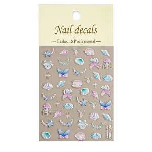 5D embossed nail stickers featuring ocean themes, shells, and jellyfish for nail art design.