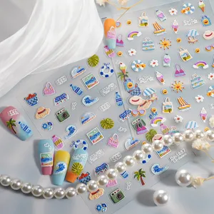 5D geprägte Sommer Strand Nagelsticker Detailansicht, süße Ozean Palmen selbstklebende Aufkleber.