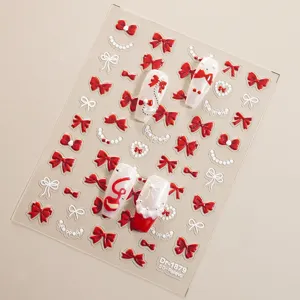 5D in reliëf rood witte strik nagelstickers parel hart nail art decals details