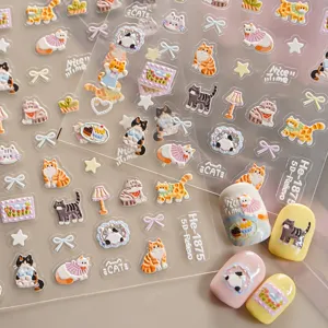 5D relief cute cat nail art stickers kawaii kitten adhesive decals for manicure design