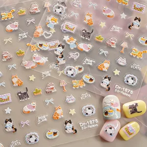 Detailed close-up of 5D relief cute cat nail stickers with exquisite tactile texture.